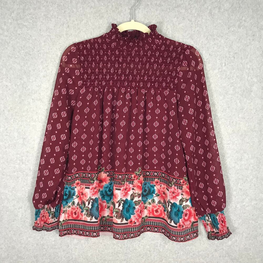 Smocked High Neck Floral Blouse Small Burgundy Cottage Feminine Boho Romantic